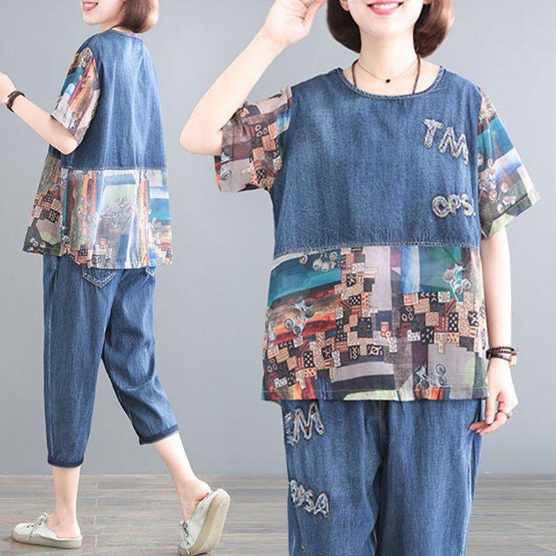 5XL Летние женские джинсовые комплекты весна-лето с принтом и строчкой Модные женские комплекты из тонкого денима укороченные брюки для мам из 2 предметов