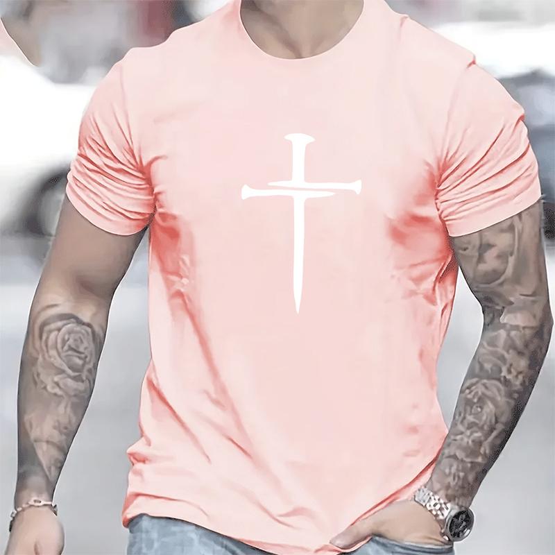 Cotton Short Sleeved Men's T-shirt with Cross Pattern Printed On It, Men's Summer Outdoor Clothing, Daily Style, Fashionable and