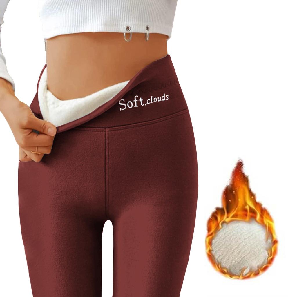 Women's High Waist Casual Pants Solid Color Fleece Thermal Leggings Winter Long Fleece Trousers Plush Running