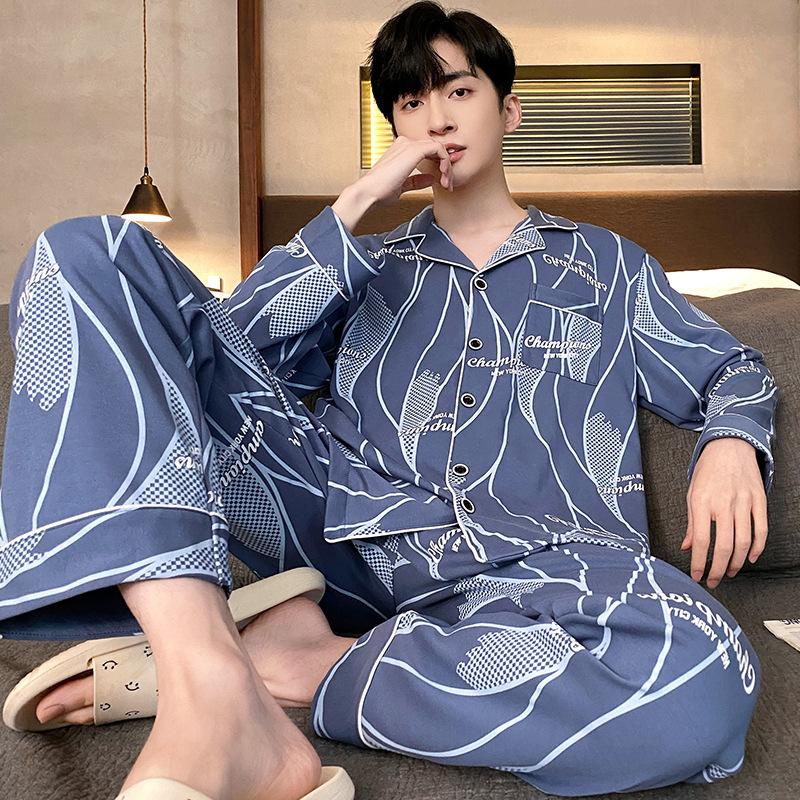 Хлопковая мужская пижама весна-осень с длинными рукавами ночная рубашка новый кардиган в клетку домашняя одежда для сна одежда для отдыха