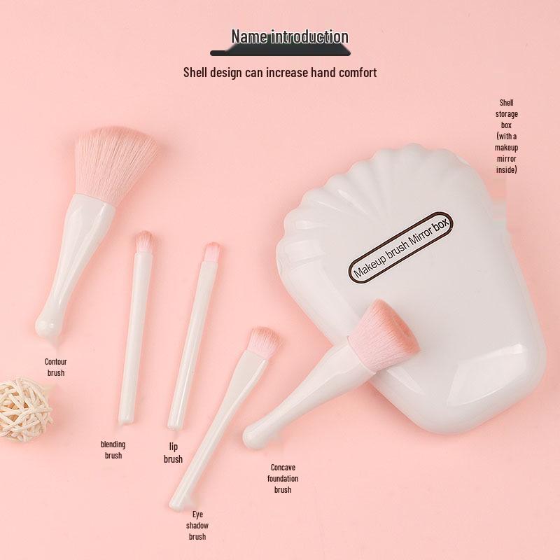 Seashell Portable Makeup Brush Set with Mirror - 5-Piece Eyeshadow & Foundation Tools
