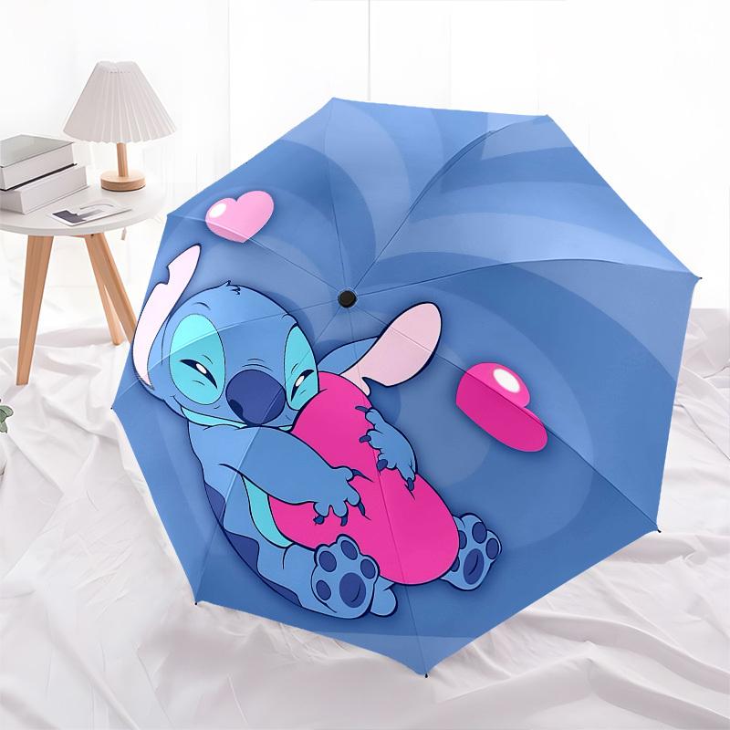 Stitch, Hearts Themed Automatic Opening and Closing Umbrella, Brightly Colored 8-rib Portable Umbrella, Suitable for Men and Women, A Perfect Gift for