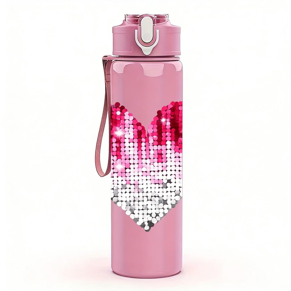 1PC Cracked Pink Red Heart Art Print 750ml Color Plastic Sports Water Bottle Leakproof Flip Straw Lid Suitable for Sports Office Home Use