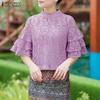 Women Lace Patchwork Casual Stand Collar Ruffles Half Sleeve Blouse