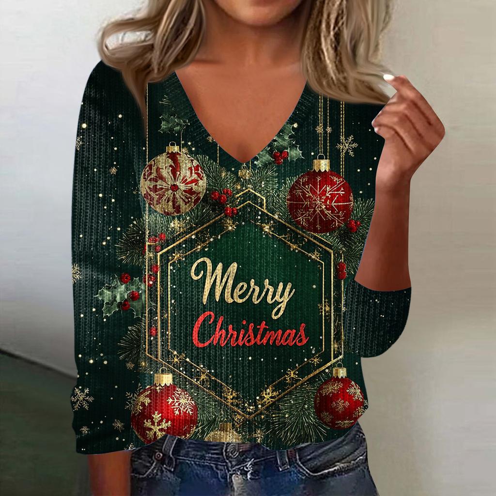 Women's Cute Sweatshirt Knitted Fashion Casual V-neck Long-sleeved Cozy Print Top