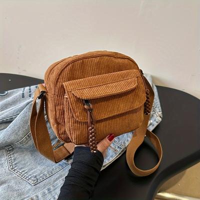 Винтажная женская сумка через плечо Harajuku Corduroy, повседневная сумка через плечо в японском стиле с застежкой-молнией, однотонная, подкладка из полиэстера, ручная стирка