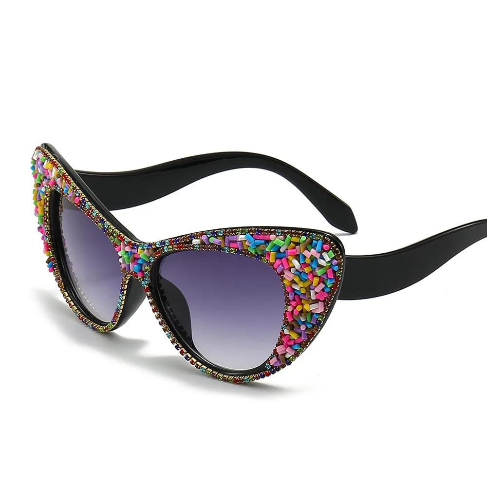 Винтажные Оверсайз Кошачий Глаз Солнцезащитные Очки Женские Роскошные Дизайнерские Панк Сексуальные Защита UV400 Алмазные Сахарные Оттенки