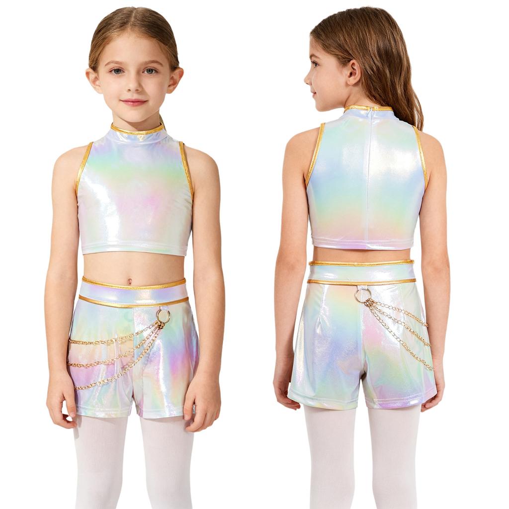 Девочки Популярная Певица Костюм для Ролевых Игр Глянцевый Кроп-Топ без Рукавов Съемный Пояс Поясная Цепочка Шорты