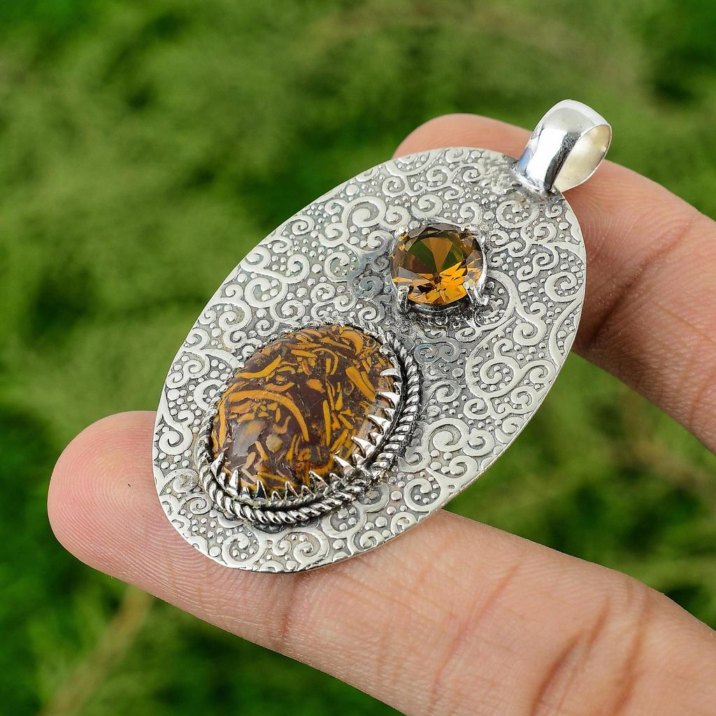 Sterling Silver Natural Mariam Jasper Citrine Bezel Wife Boho Pendant Jewelry