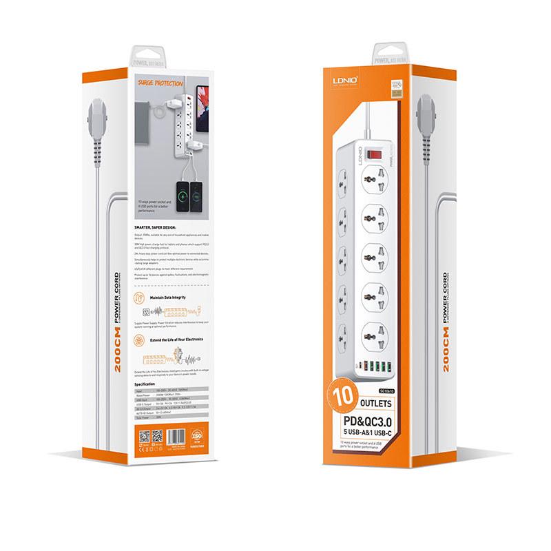LDNIO SC10610 Multifunctional Power Strip with 10 Outlets PD+QC3.0 Fast Charging Ports for Mobile Phones and Tablets