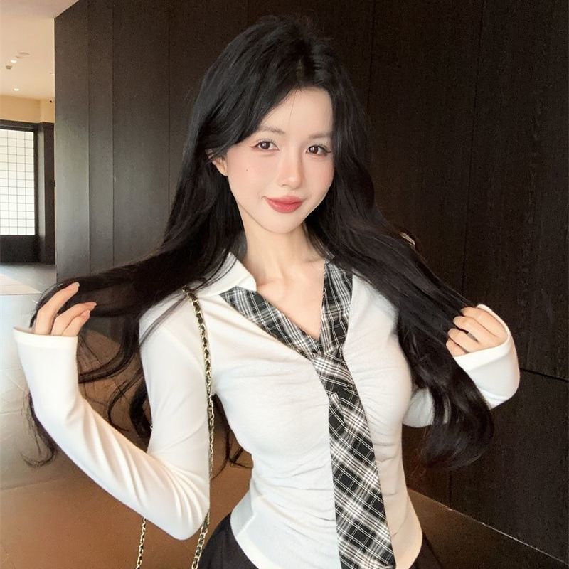Women's Preppy Polo Collar Long Sleeve Top Plaid Tie Decor Ruched Slim Fit Cropped Blouse