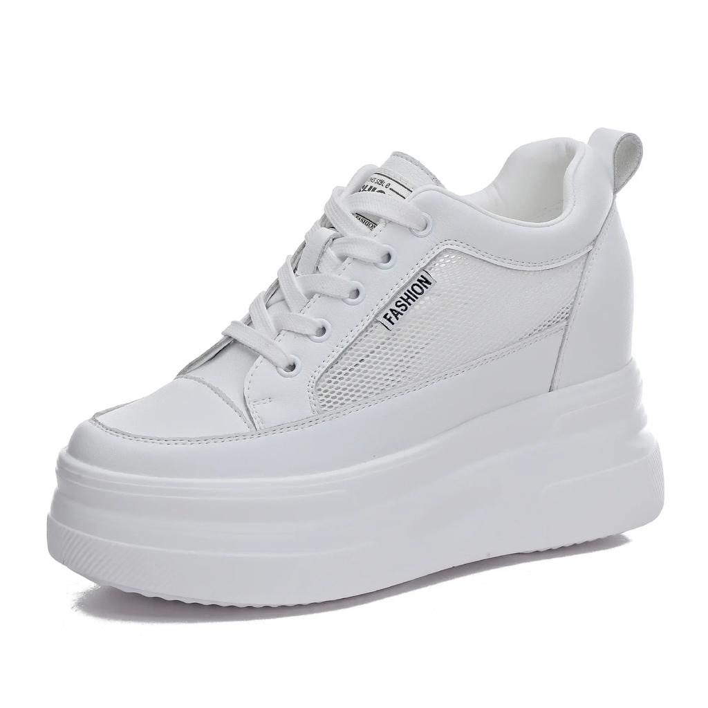 10CM 8CM Genuine Leather Women Shoes White Skateboard Sneakers Platform Wedge Shoes Air Mesh Hollow Breathable
