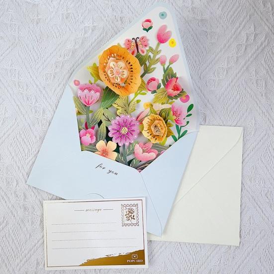 3D Fly-Out Greeting Card Multiple Colorful Flower Decor Greeting Card with Envelope Watercolor Painting