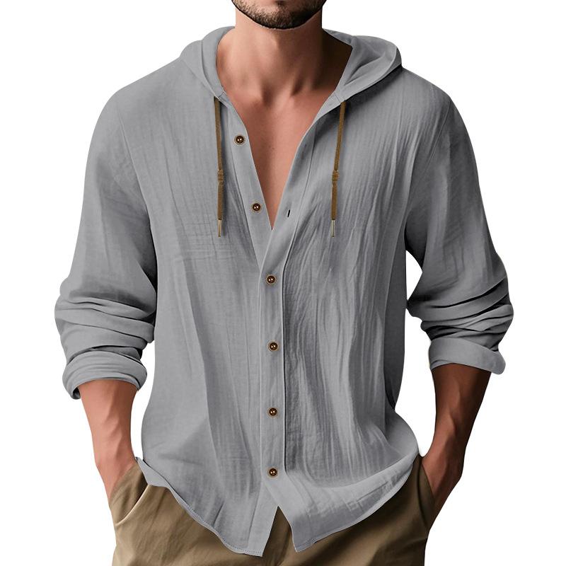 Men's Linen Blend Hooded Button Down Shirt Casual Long Sleeve