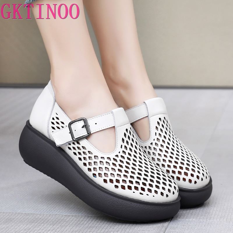 Модные сандалии GKTINOO из натуральной кожи с закрытым носком для женщин, летние сандалии на платформе с вырезами, танкетки, повседневная женская обувь ручной работы