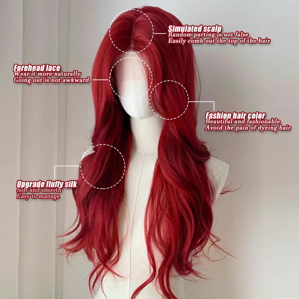 WTB Красный Длинные Вьющиеся Волосы Синтетический Парик Женский Новый Лоб Кружева Сексуальные Горячие Челки Большие Волны Длинные Вьющиеся Волосы Парик