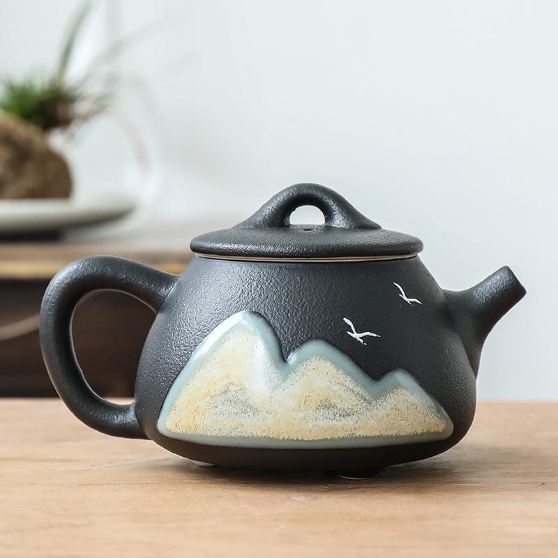 Black Pottery Green Hill Side Handle Pot Japanese Vintage Ceramic Kung Fu Tea Set Tea Pot Coffee Teapot Teapot Clay Water Kettle