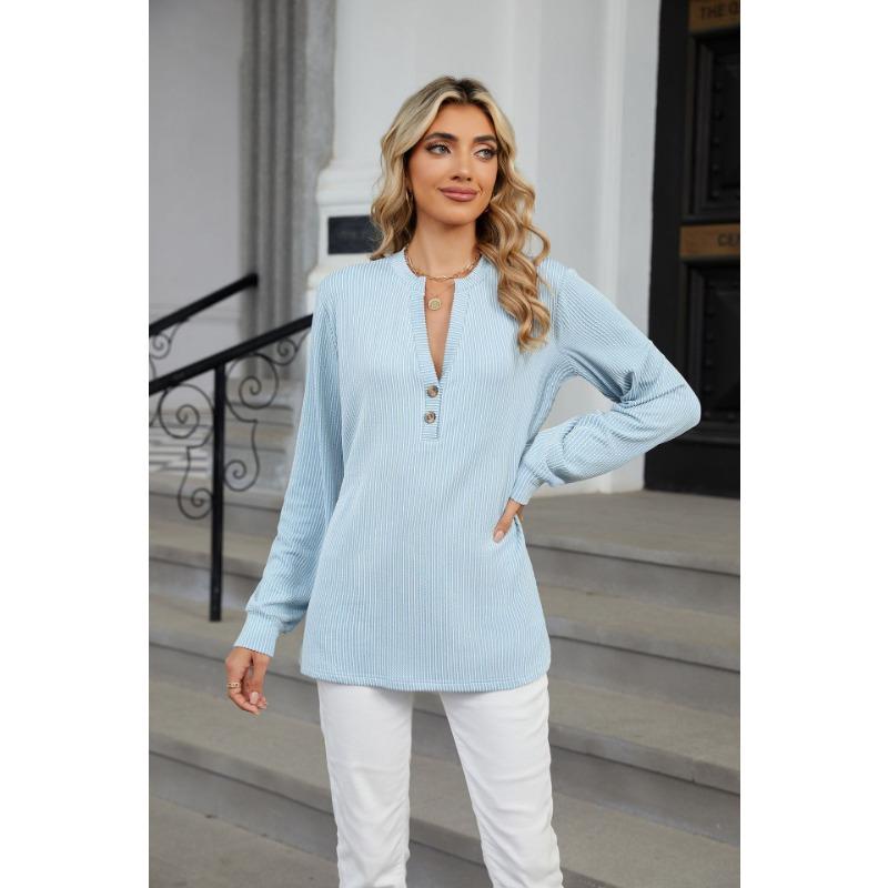 Весенне-осенняя женская блузка на пуговицах с V-образным вырезом и длинными рукавами в полоску