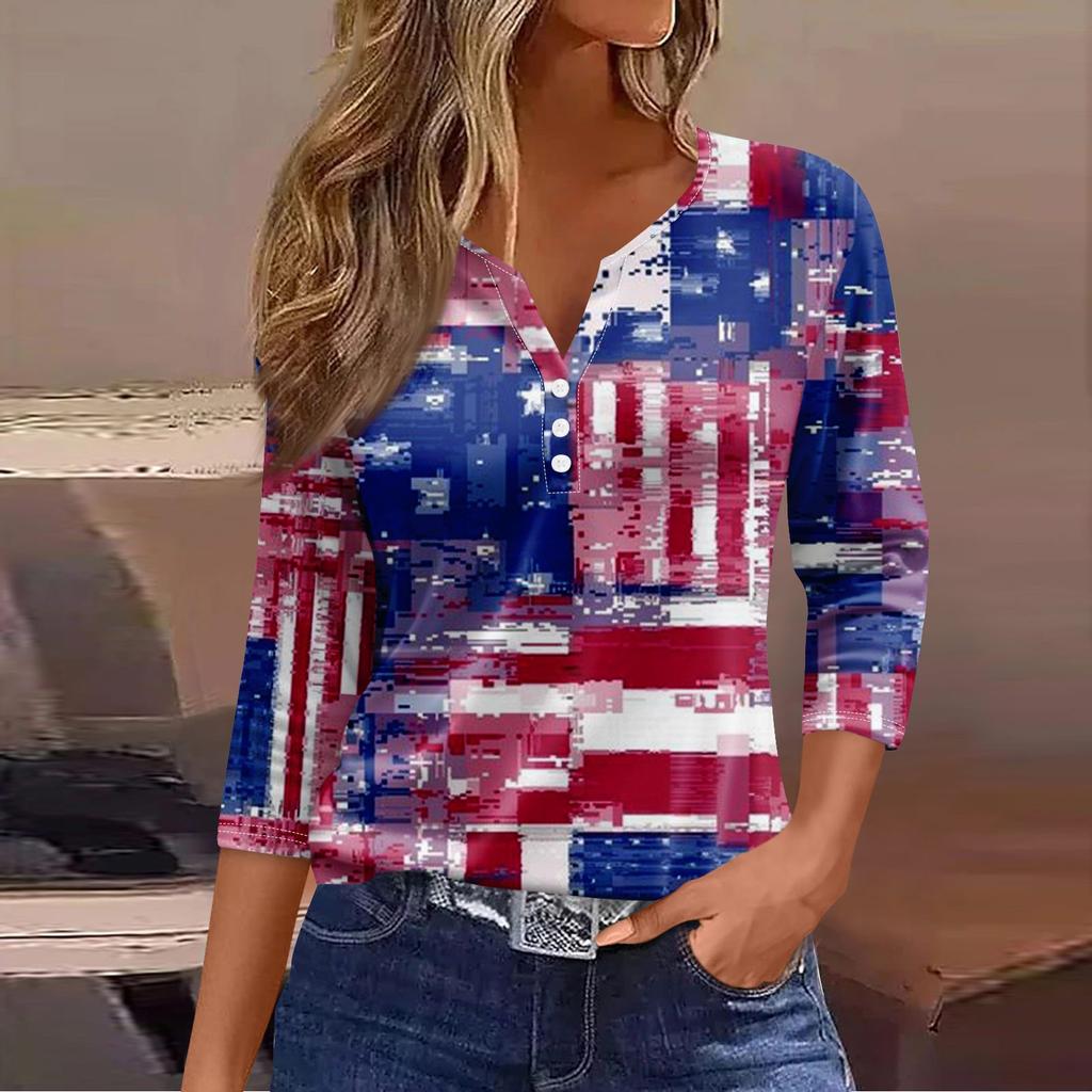 Women's T Shirt Tee Print Button 3/4 Sleeve Daily Weekend Fashion Basic V Neck Regular Top
