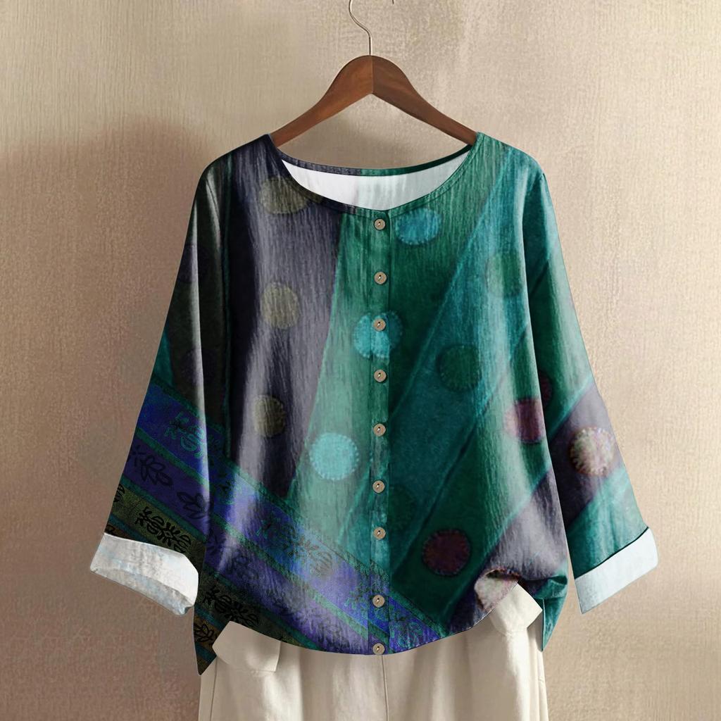 Женский повседневный топ с длинным рукавом и круглым вырезом из хлопка и льна с геометрическим принтом в стиле ретро