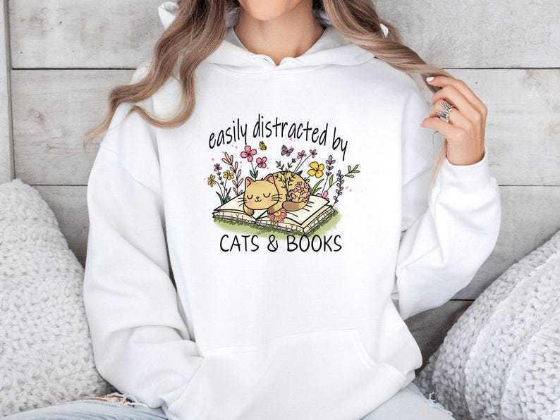 Женская толстовка с капюшоном и принтом "Кошка и книга" Осень/Зима, с длинным рукавом