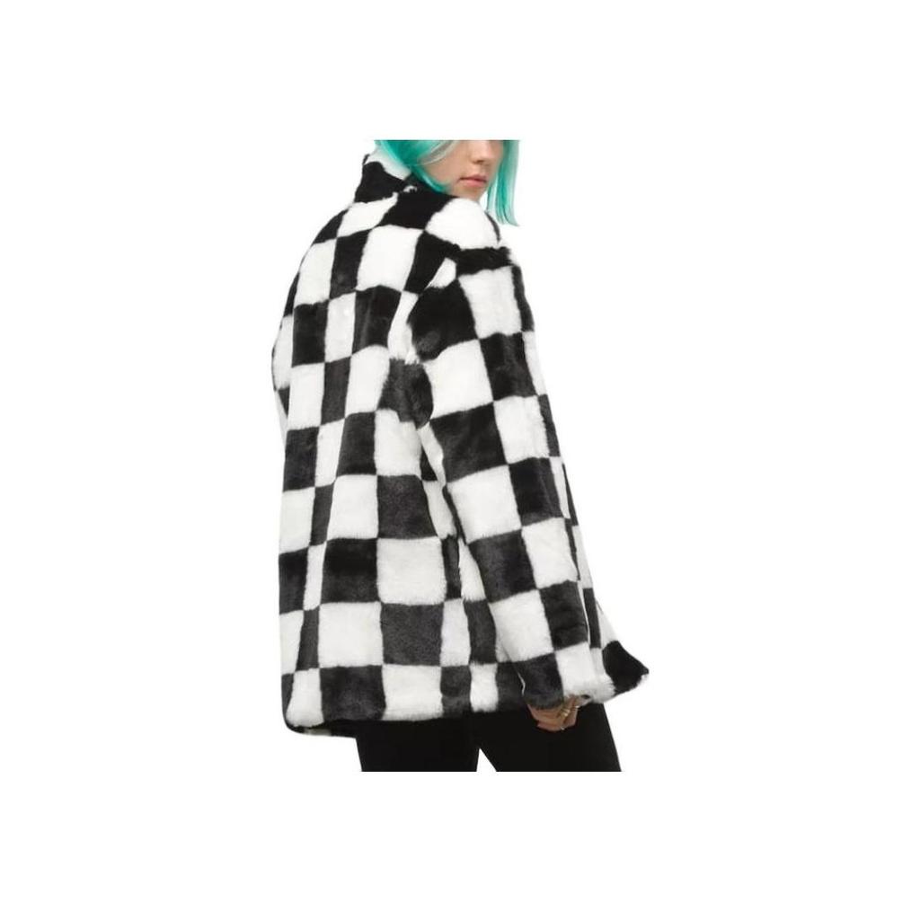 Vans Black and White Checkerboard Faux Fur Stand Collar Zip-Up Jacket VN0A5LJ5705