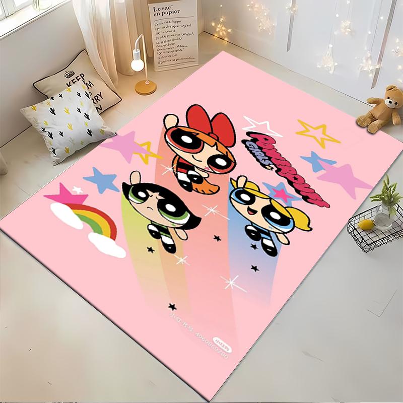 Colorful Cartoon Rug with Powerpuff Girls Design and Pink Background Suitable for use as an anti-slip for living room bedroom sofas