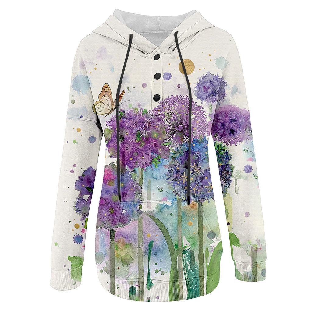 Женский повседневный модный пуловер с длинным рукавом и цветочным принтом, топ с капюшоном