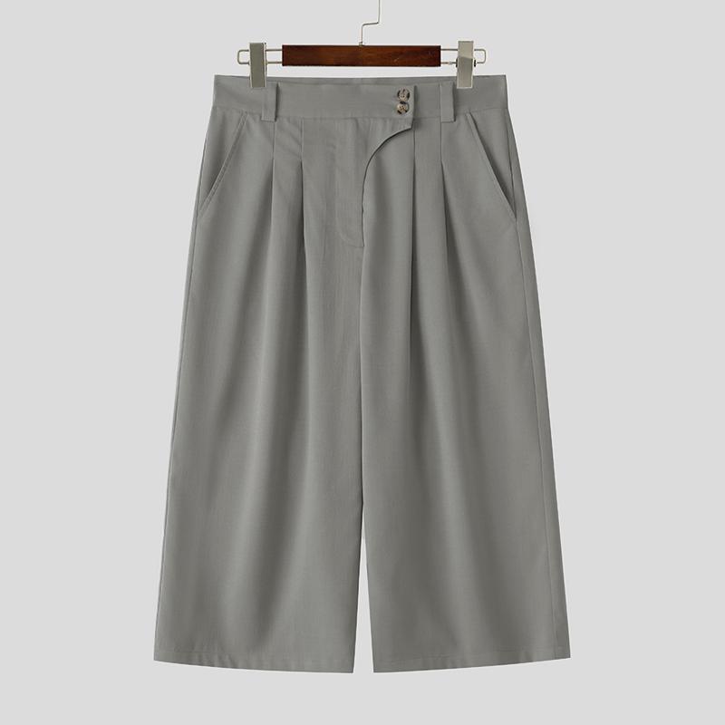 INCERUN Мужские брюки-капри с высокой талией и молнией, однотонные, повседневные, свободные, прямые