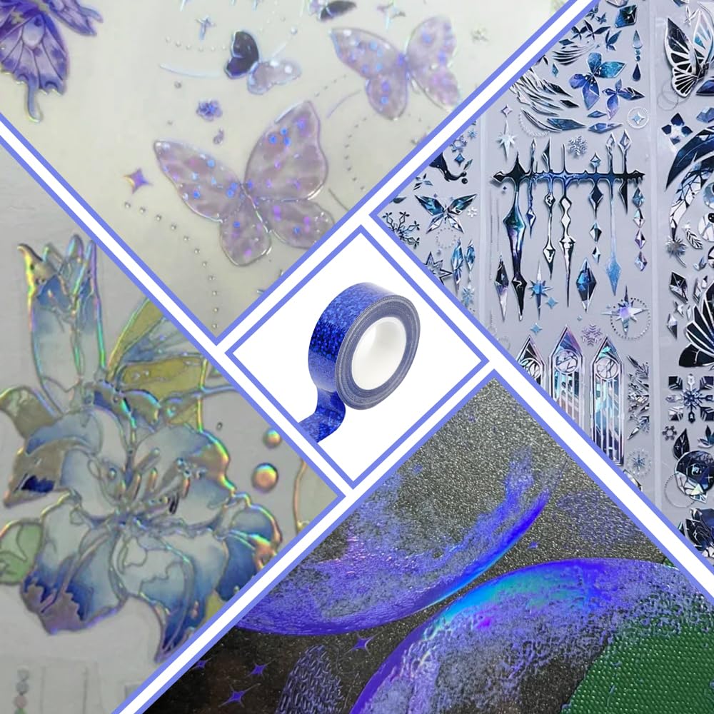 Голографическая блестящая маскирующая лента для DIY, высокая, высокая, подарочная упаковка, 5 м, набор синей и серебристой ленты, лента, аксессуары, декоративная, яркость, отражаемость,