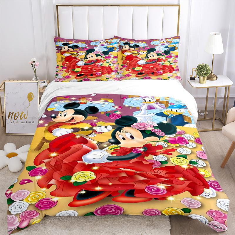 3pcs Mickey Mouse Minnie Mouse Floral Bedding Set, Includes 1 Quilt Cover and 2 Pillowcases, Comfortable Bedding with Stylish Design for Bed