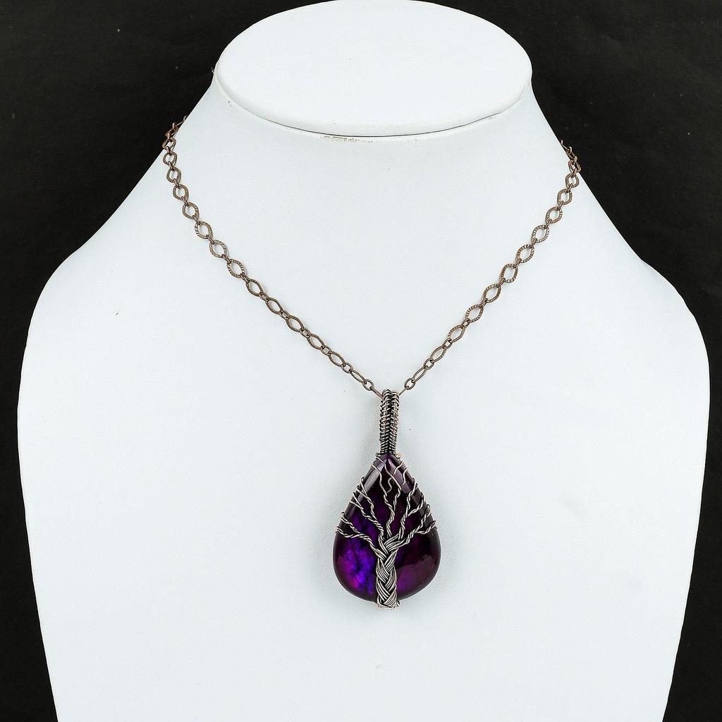 Подвеска Древо Жизни Фиолетовый Огненный Лабрадорит Медная Оплетка Подвеска с Драгоценным Камнем Подвеска Ручной Работы Украшения с Медной Оплеткой Подарок для Мамы