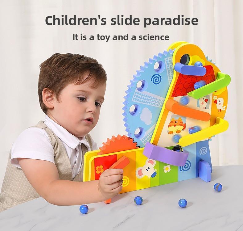 Kids Wooden Roller Ferris Wheel Toy With Multicolor Track And Block Set For Gift
