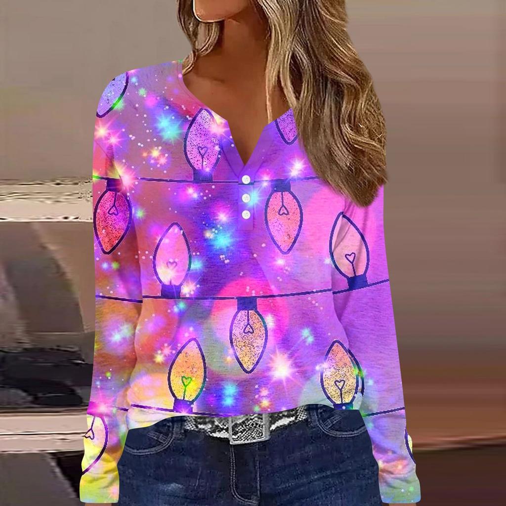 Женская мода повседневная цветочная рождественская печать V-образный вырез с длинными рукавами на пуговицах с длинными рукавами топ