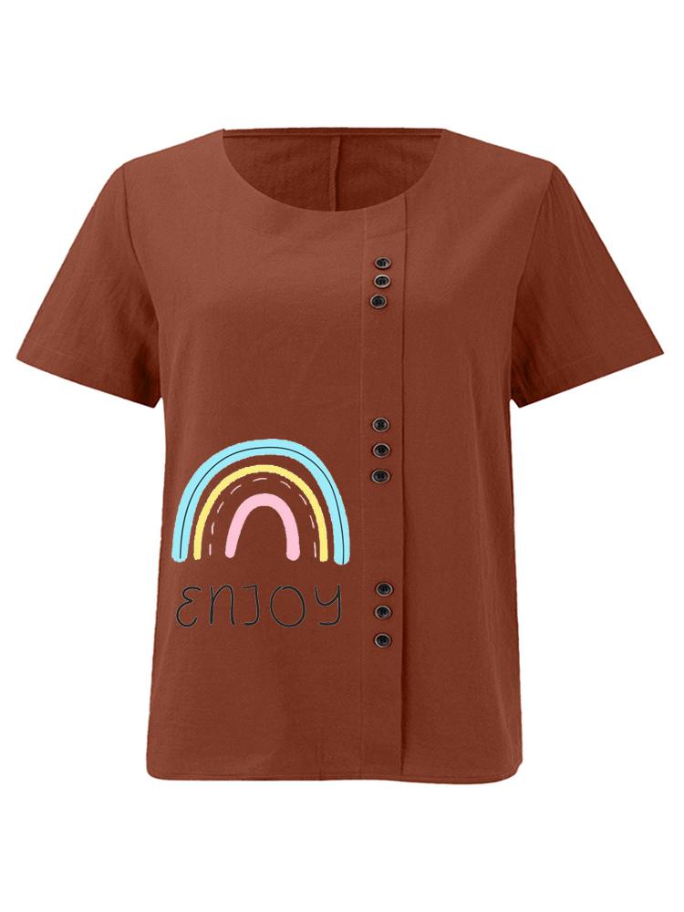 Women's Fashion Rainbow Black Letters Print Casual Cotton Linen Short Sleeve Round Neck T-shirt Shirt Leisure Loose Summer Blouse Tops