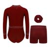 Girls Gymnastics Dance Set Long Sleeve Shiny Cutout Front Back Zipper Leotard Rhinestones Shorts Headwear
