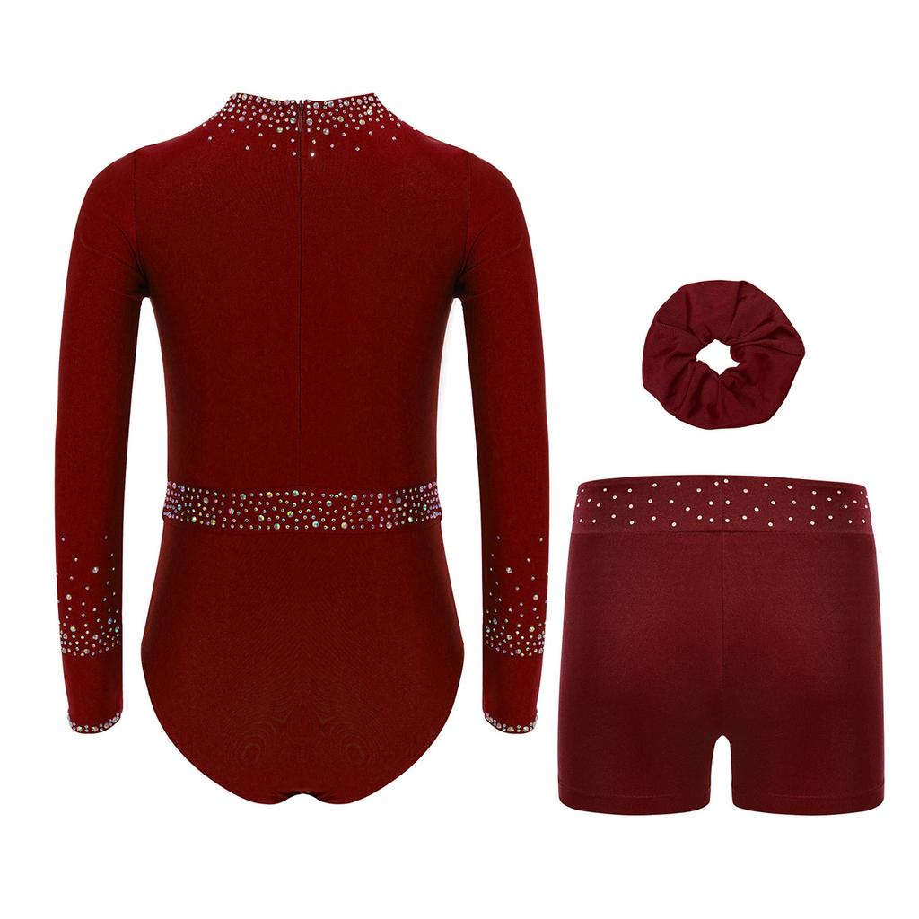 Girls Gymnastics Dance Set Long Sleeve Shiny Cutout Front Back Zipper Leotard Rhinestones Shorts Headwear