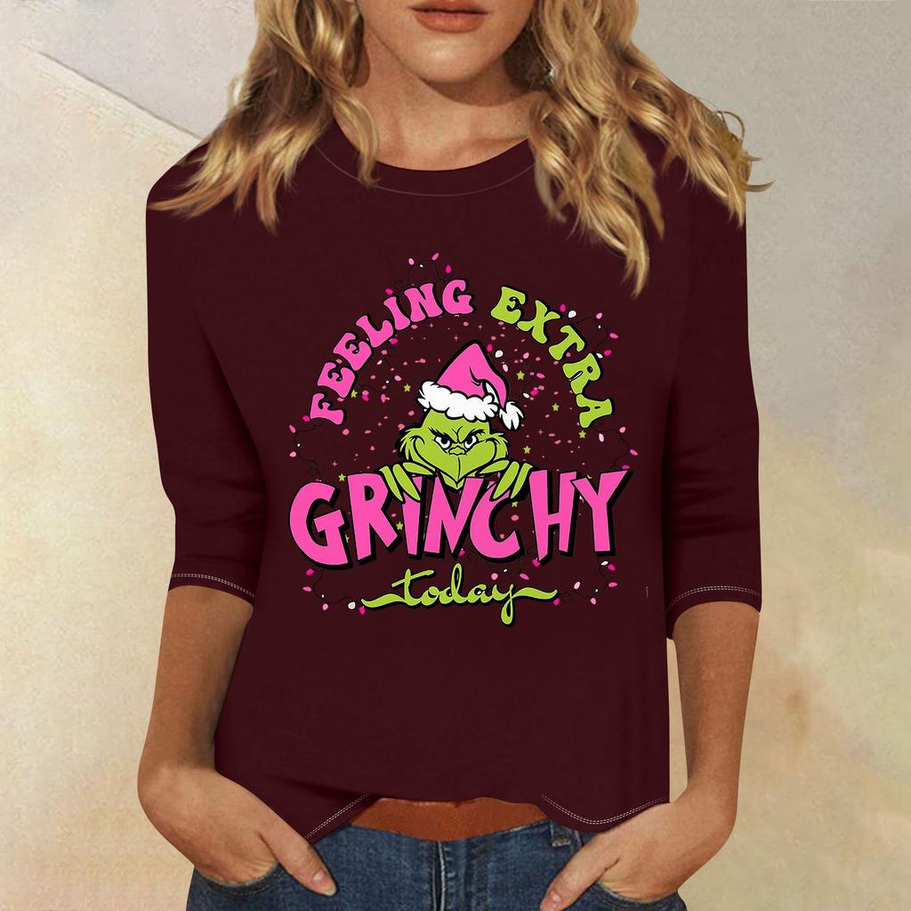 3/4 Sleeve Tops For Women T-Shirt Casual Christmas Print Tops T Shirt Round Neck Pullover Blouse