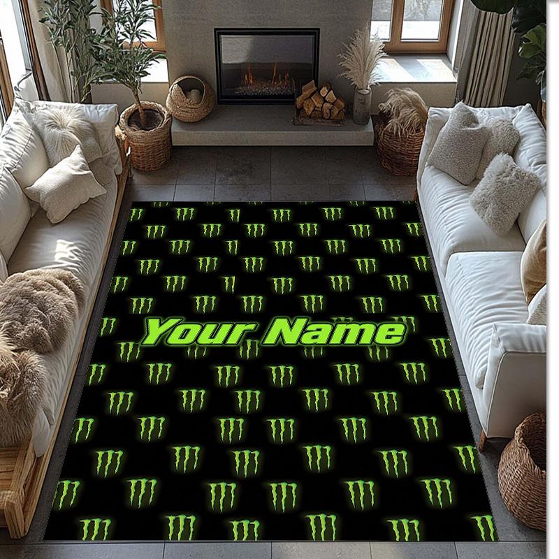 Monster Energy Crystal Velvet Rug, Custom Name Text Personalized Non‑Slip Floor Mat for Home Decor Gift
