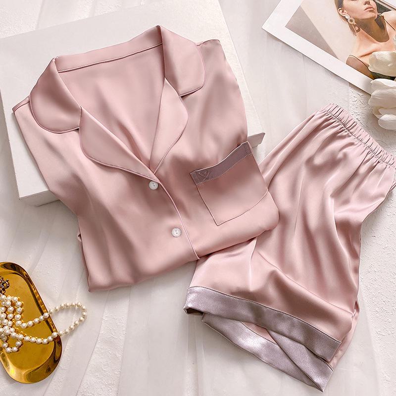 Style Sweet Ice Summer Womens Silk Pajamas Cool Shortsleeved Homewear Set