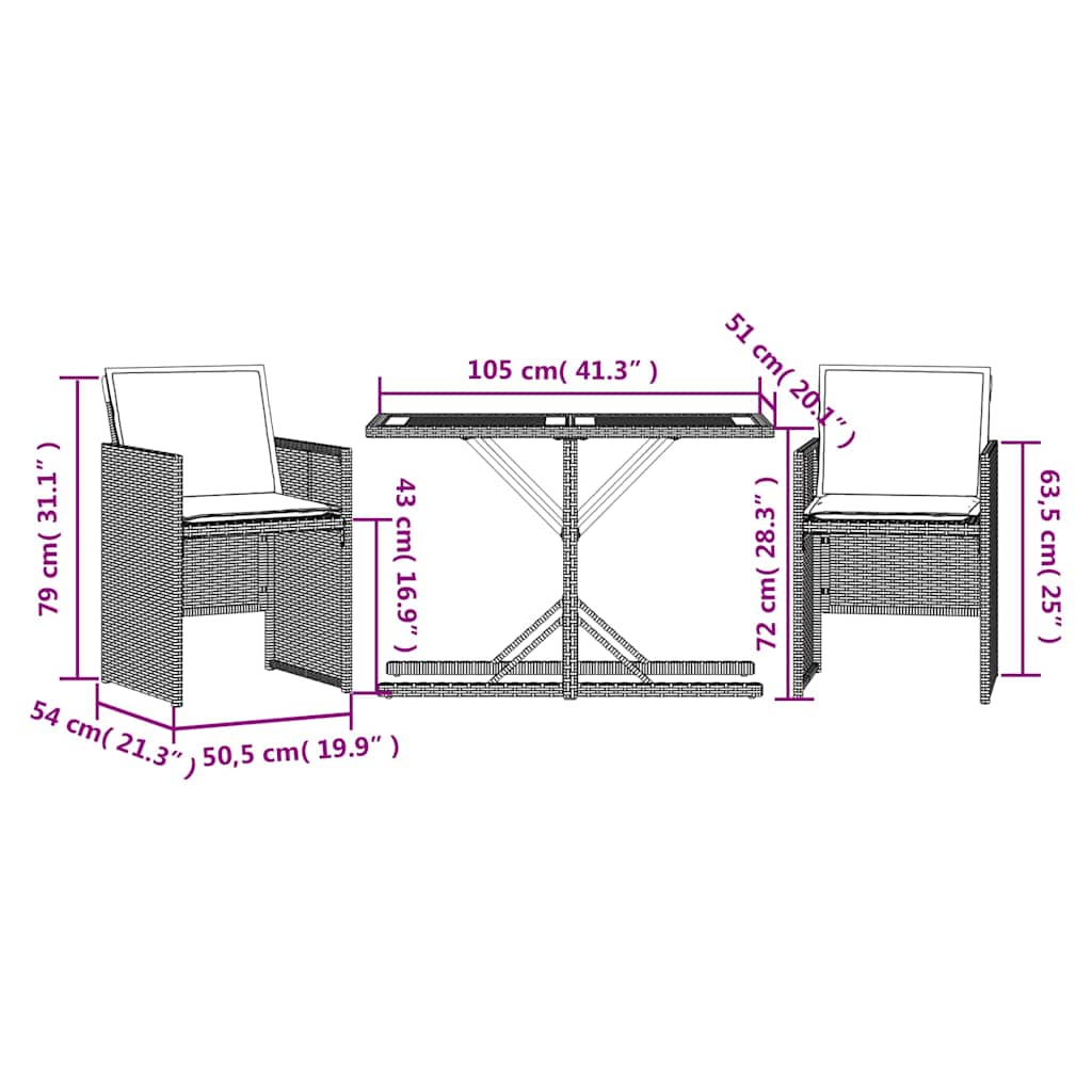 3 Piece Bistro Set with Cushions Black Poly Rattan