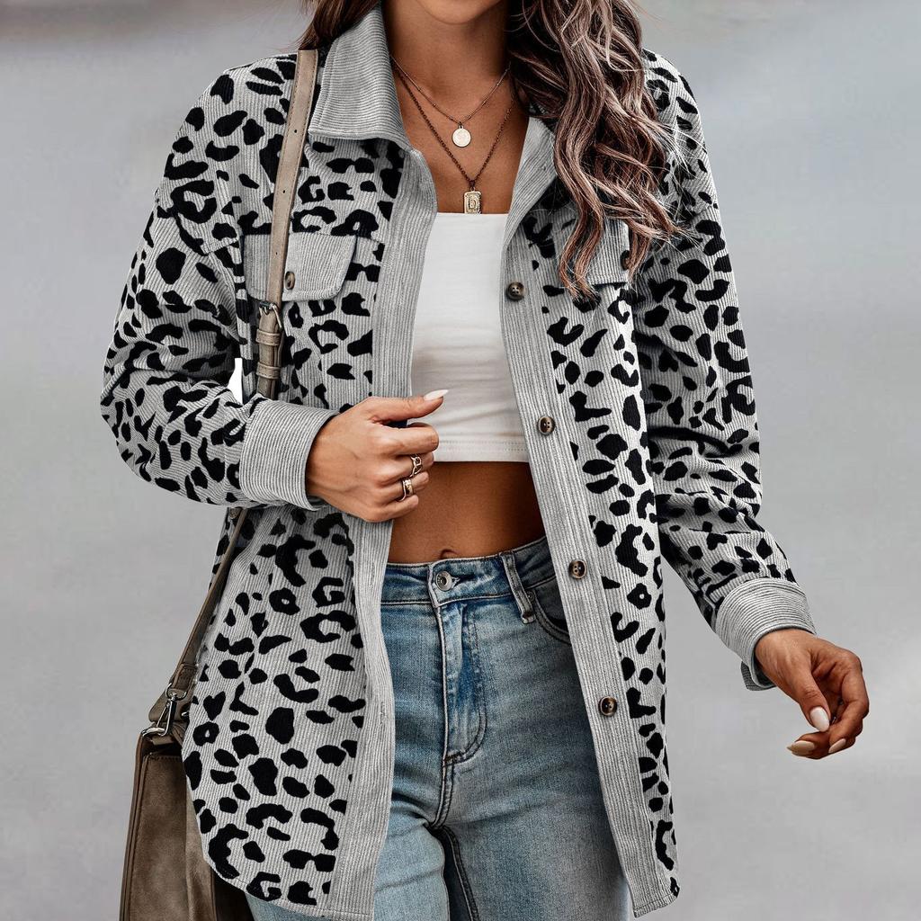 GMXIA Женские винтажные повседневные свободные куртки и пальто с леопардовым принтом на пуговицах, осень-зима с длинными рукавами и воротником-поло