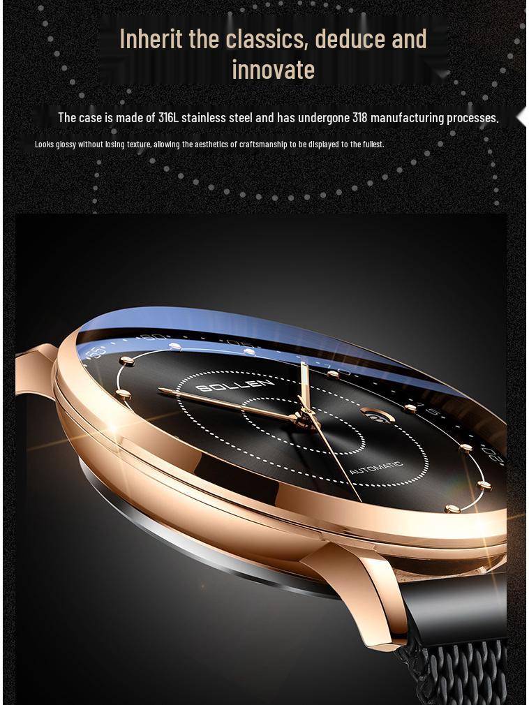 Solon Ультратонкие Автоматические Мужские Водонепроницаемые Часы с Кожаным Ремешком - Простые и Стильные.