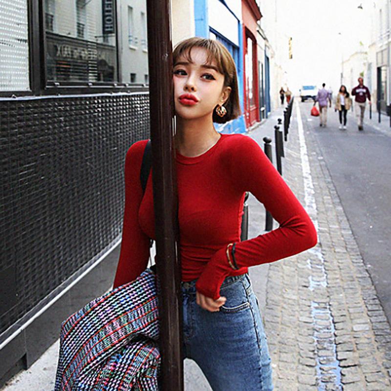 Модная и трендовая женская стройная и универсальная сексуальная футболка с длинными рукавами, показывающая тело, базовая футболка, топ для женщин