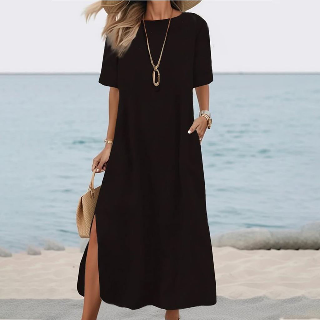 Women's Casual Dress Loose Fitting Dress Solid Color Dress Short Sleeved Long Dress
