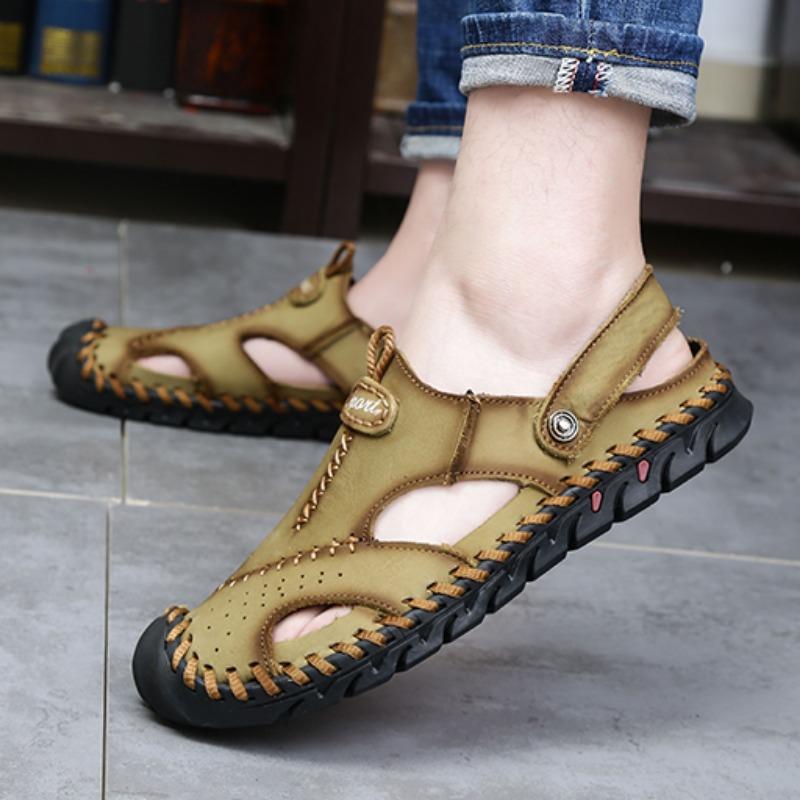 Летние мужские кожаные пляжные сандалии большого размера Мужские сандалии с закрытым носком