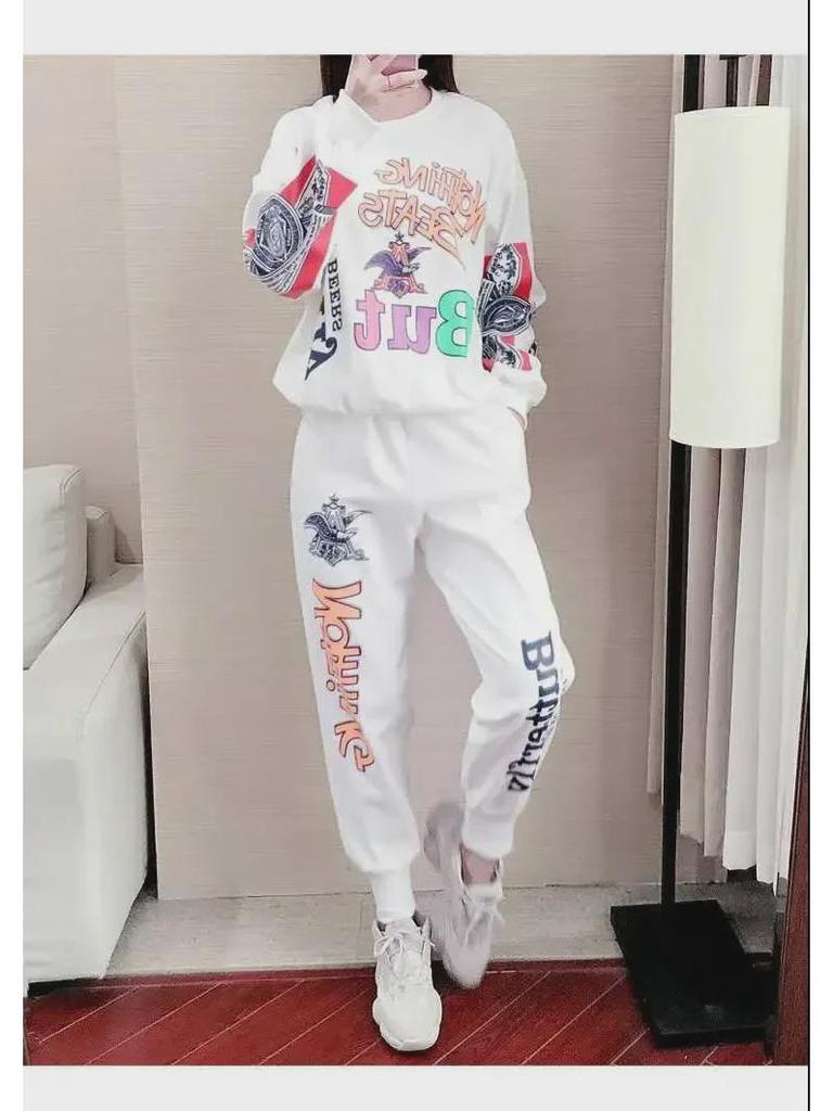 Модный женский комплект из двух предметов в стиле Харадзюку в стиле хип-хоп больших размеров: Свободная толстовка с длинным рукавом и брюки с принтом
