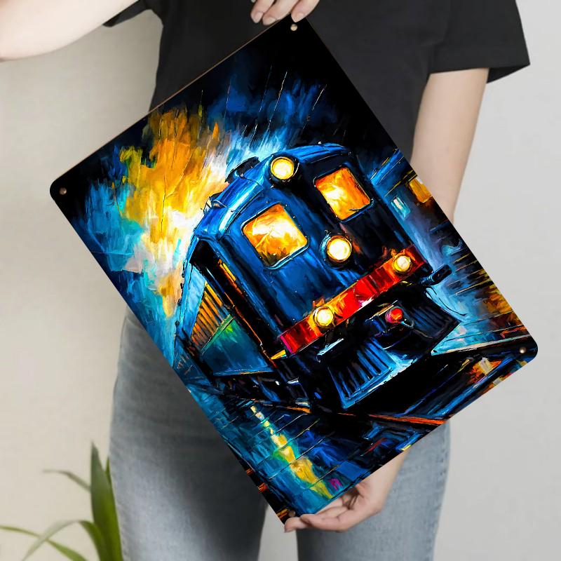 Vintage Locomotive Night Scene Oil Painting Style Custom Metal Tin Sign Home Wall Decor for Living Room Study Bar