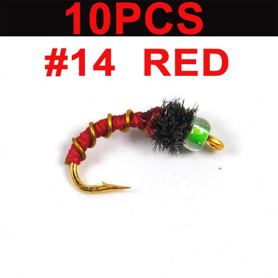 10pcs Midge Nymph Fly Green Red Fly Fishing Bait Lures Hegene / # 14 Gold Color Hook