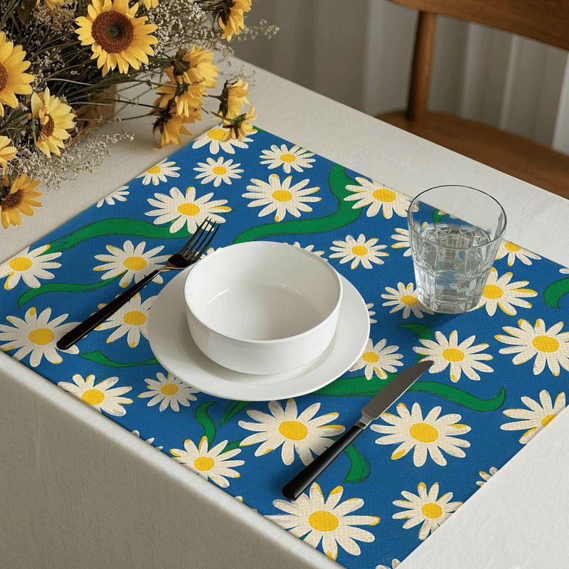 4/6pcs Rectangular Placemats - 18x12 Inches, Vintage Daisy Blue Background Printed Fabric, 2D Element Pattern Design, Easy-to-Clean Table Heat Insulat